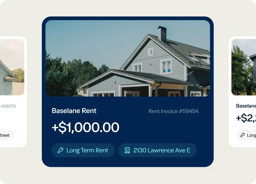 A digital card displays a photo of a two-story blue house with a white roof. Below the photo, it shows "Baselane Rent," an amount of "+$1,000.00," and "Rent Invoice #59454." Icons for "Long Term Rent" and "2130 Lawrence Ave E" are also shown on the card.