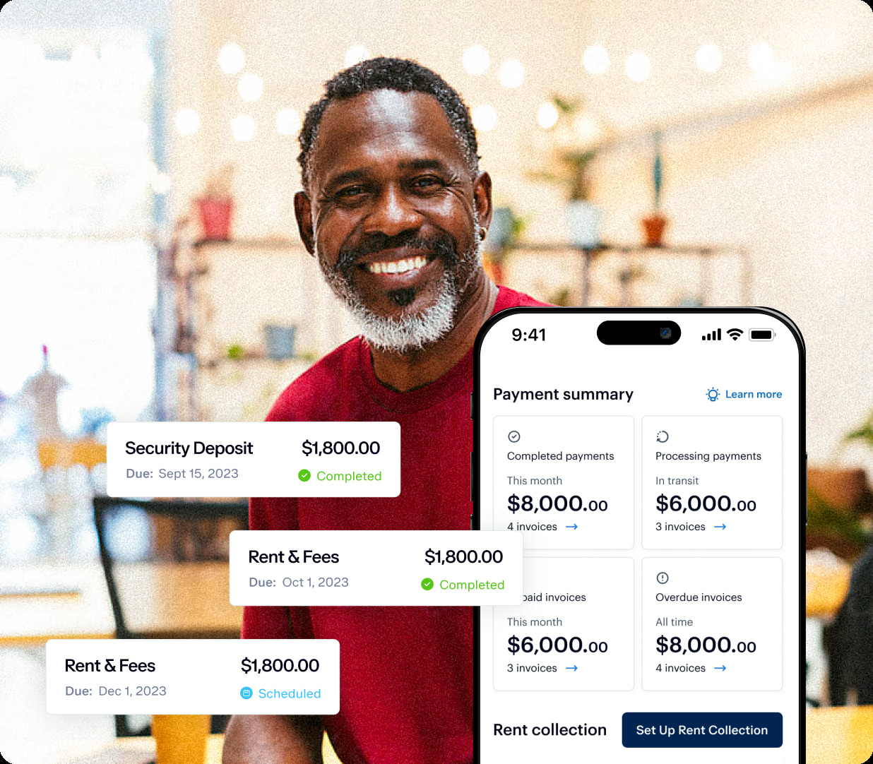 A smiling man is in focus, with a blurred indoor setting in the background. Superimposed on the image are digital displays showing payment summaries, including completed payments, scheduled rent fees, and processing payments for various amounts.