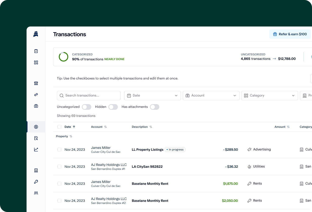 A screenshot of a transactions page from a financial management application. The interface shows categorized and uncategorized transactions, with options to search and filter by date, account, or category. Various transactions are listed with details such as property, description, and amount.