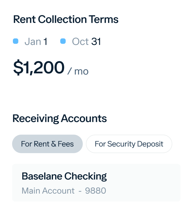 A user interface screen showing Rent Collection Terms with dates Jan 1 and Oct 31, and a monthly rent of $1,200. Below, it displays Receiving Accounts for "Rent & Fees" and "Security Deposit," with the Baselan Checking account ending in 9880.