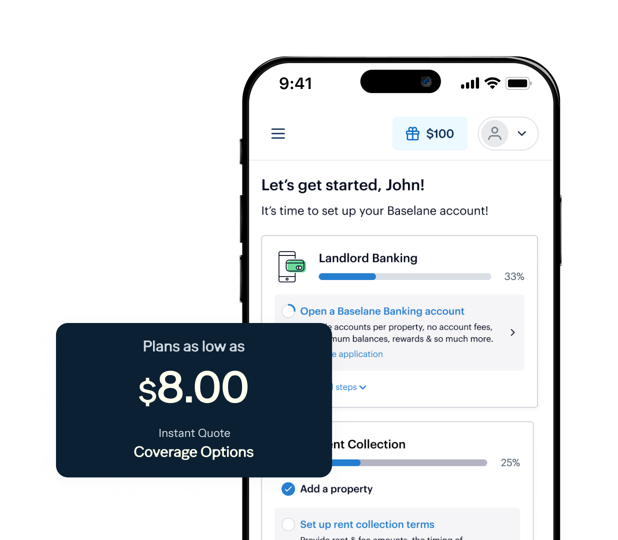 A smartphone screen displays the Baseline app dashboard with steps for setting up an account. A progress bar for "Landlord Banking" shows 33%. A pop-up highlights "Plans as low as $8.00" for coverage options.