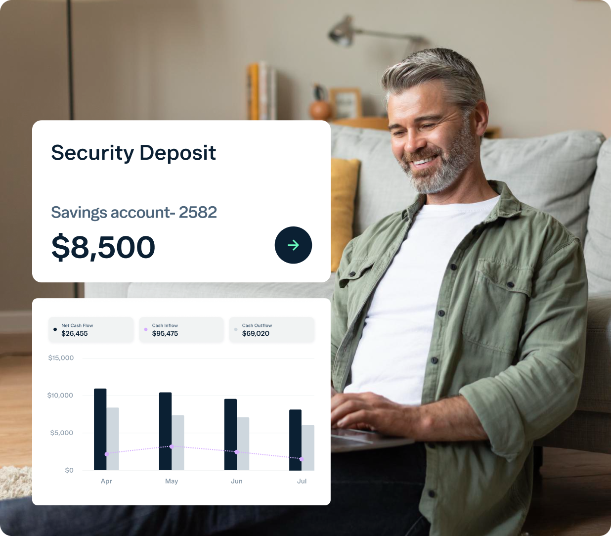 A man with gray hair and a beard sits on a couch and smiles while using a laptop. In the foreground, there is a graphic showing a "Security Deposit" savings account with a balance of $8,500 and a bar chart displaying financial data for April to July.