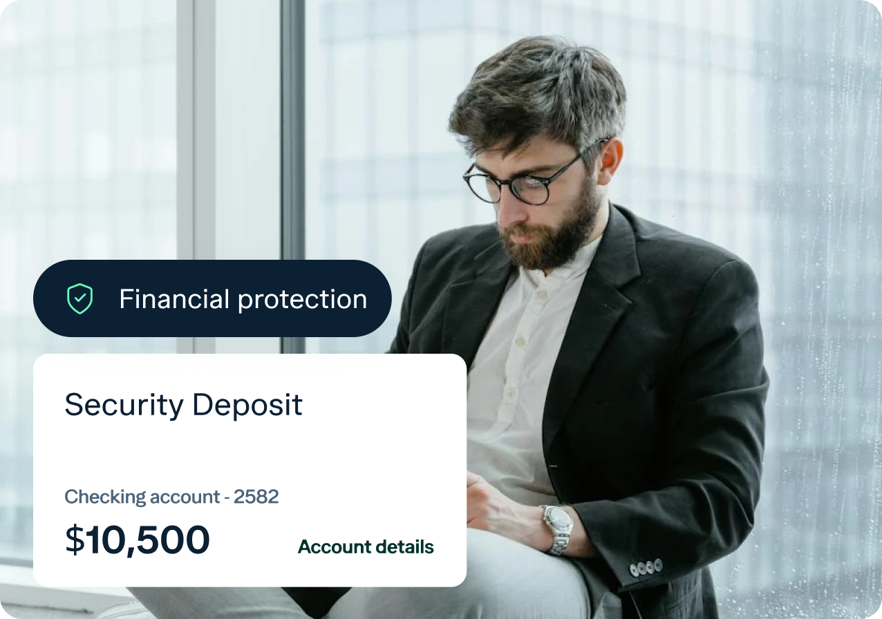 A man with glasses and a beard is sitting and looking at his watch. He is wearing a suit and appears to be in an office with large windows. Overlay text reads "Financial protection" and a notification shows a security deposit of $10,500 in a checking account.