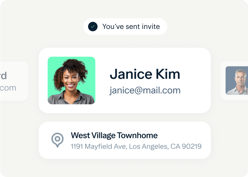 A confirmation notification with a checkmark and the text "You've sent invite" is displayed above a profile card of Janice Kim, including her email janice@mail.com. Below is an address card for West Village Townhome, 1191 Mayfield Ave, Los Angeles, CA 90219.