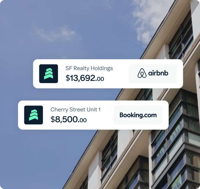 A multi-story building with large windows serves as the background. Overlayed on the image are two white boxes showing earnings: SF Realty Holdings $13,692.00 from Airbnb, and Cherry Street Unit 1 $8,500.00 from Booking.com.