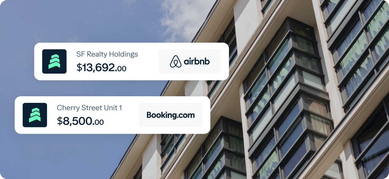 Two property listings are displayed against the background of an apartment building. The first listing is "SF Realty Holdings" earning $13,692.00 through Airbnb. The second listing is "Cherry Street Unit 1" earning $8,500.00 through Booking.com.