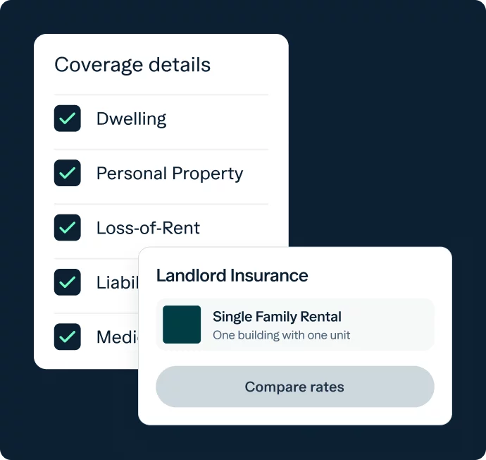An image showing a list of landlord insurance coverage details, including dwelling, personal property, loss-of-rent, liability, and medical. A section below shows "Landlord Insurance" for a single-family rental and a button labeled "Compare rates".