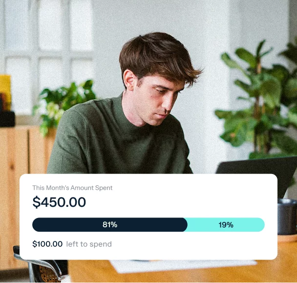 A person with short brown hair in a green sweater sits at a desk with a laptop, focusing on their work. A bar graph overlay shows they have spent $450.00 this month, which is 81% of their budget, leaving $100.00 or 19% still available to spend.