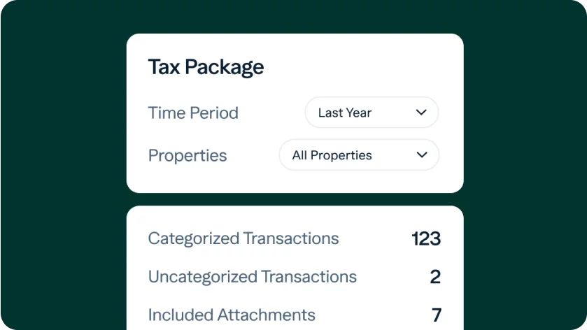 A screen shows a summary of a "Tax Package" for "Last Year" covering "All Properties." It includes 123 categorized transactions, 2 uncategorized transactions, and 7 included attachments.