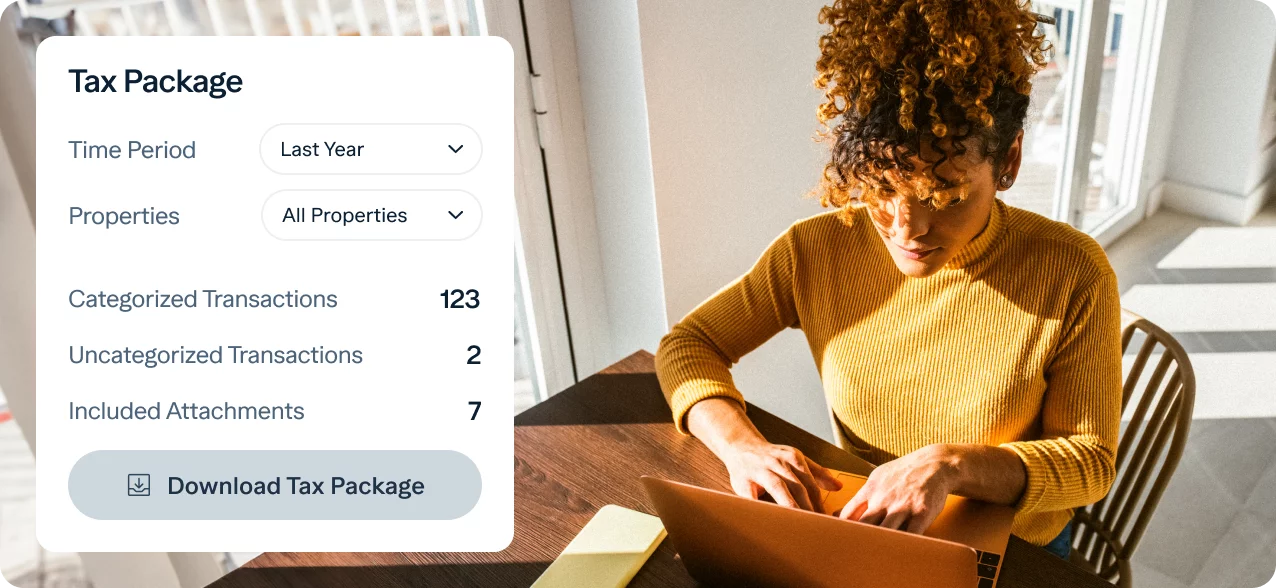 An individual with curly hair wearing a yellow sweater is sitting at a table using a laptop. A sidebar on the left displays a "Tax Package" summary with time period, properties, categorized and uncategorized transactions, included attachments, and a download button.