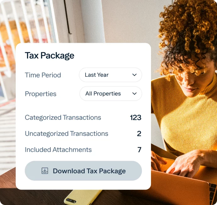 A person with curly hair is using a laptop at a table in a well-lit room. A pop-up window on the left displays a "Tax Package" with options and data: the time period is "Last Year", properties are "All Properties", categorized transactions are 123, uncategorized transactions are 2, included attachments are 7, and a button to download the tax package.