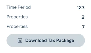 A table displays three rows labeled "Time Period," "Properties," and another "Properties." The values are 123, 2, and 7, respectively. Below these rows is a button with an icon and text that says "Download Tax Package.