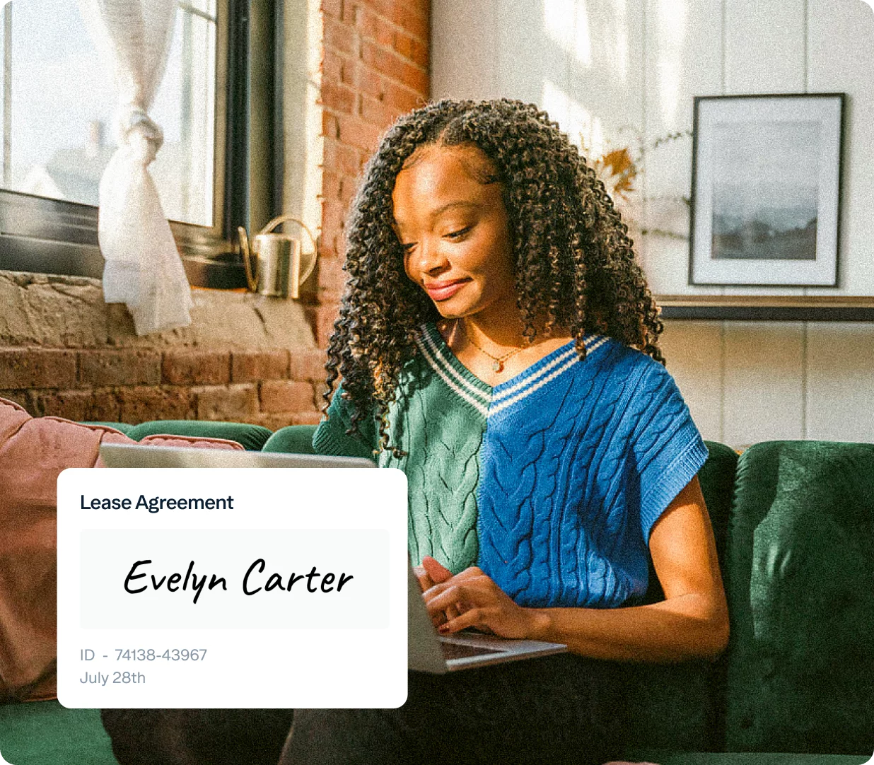 A person with long, curly hair is seated on a green couch in a well-lit room with brick walls, using a laptop. An overlay on the image shows a "Lease Agreement" with the name "Evelyn Carter" and an ID number. The date "July 28th" is also visible.
