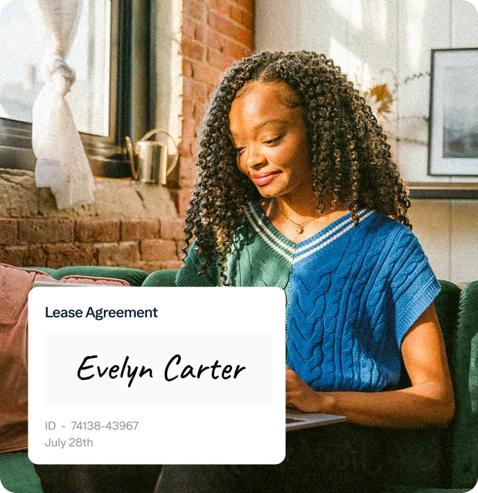 A woman with curly hair sits on a green couch, holding a document. The document has her name, Evelyn Carter, along with her ID number 74138-43967, and the date July 28th. Sunlight filters through a nearby window. Text on the document reads "Lease Agreement.