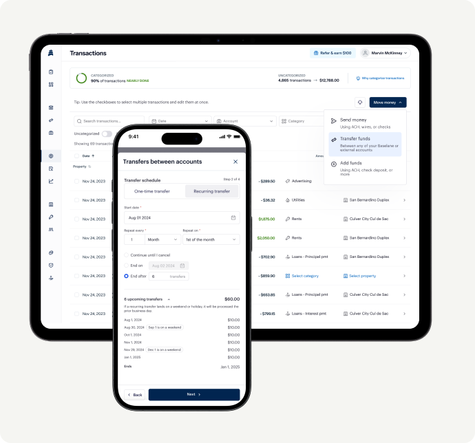 A tablet and smartphone display a banking app interface showing transaction history and a transfer schedule, with account details, payment options, and financial tools visible on both screens.