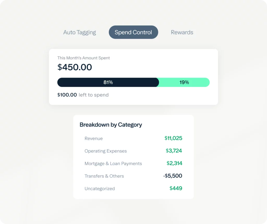 A financial dashboard displays spending information. The top section indicates $450.00 has been spent, with $100.00 left to spend (81% spent, 19% remaining). The bottom section breaks down categories: Revenue $1,025, Operating Expenses $3,724, Mortgage & Loan Payments $2,314, Transfers & Others -$5,500, and Uncategorized $449.