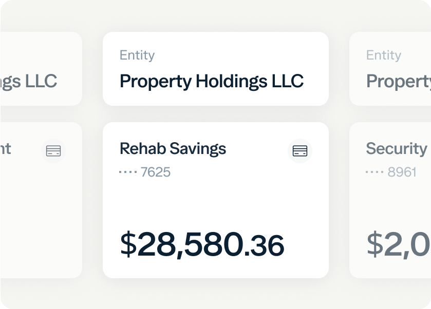 A digital interface displays financial information. The center card shows an account named Rehab Savings with a balance of $28,580.36 and last four digits 7625. The surrounding cards include entities named Property Holdings LLC and accounts with other balances.
