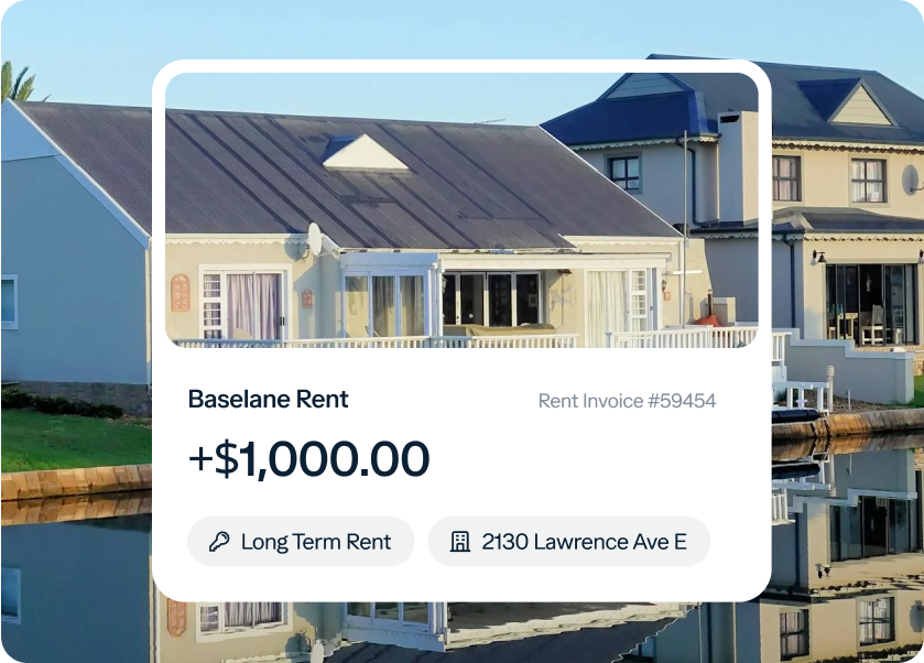 An invoice overlay on an image of water-front houses displaying "Baselane Rent," amounting to $1,000.00. Includes details for a long-term rent at 2130 Lawrence Ave E. The scene shows two adjacent houses reflecting in the calm water.