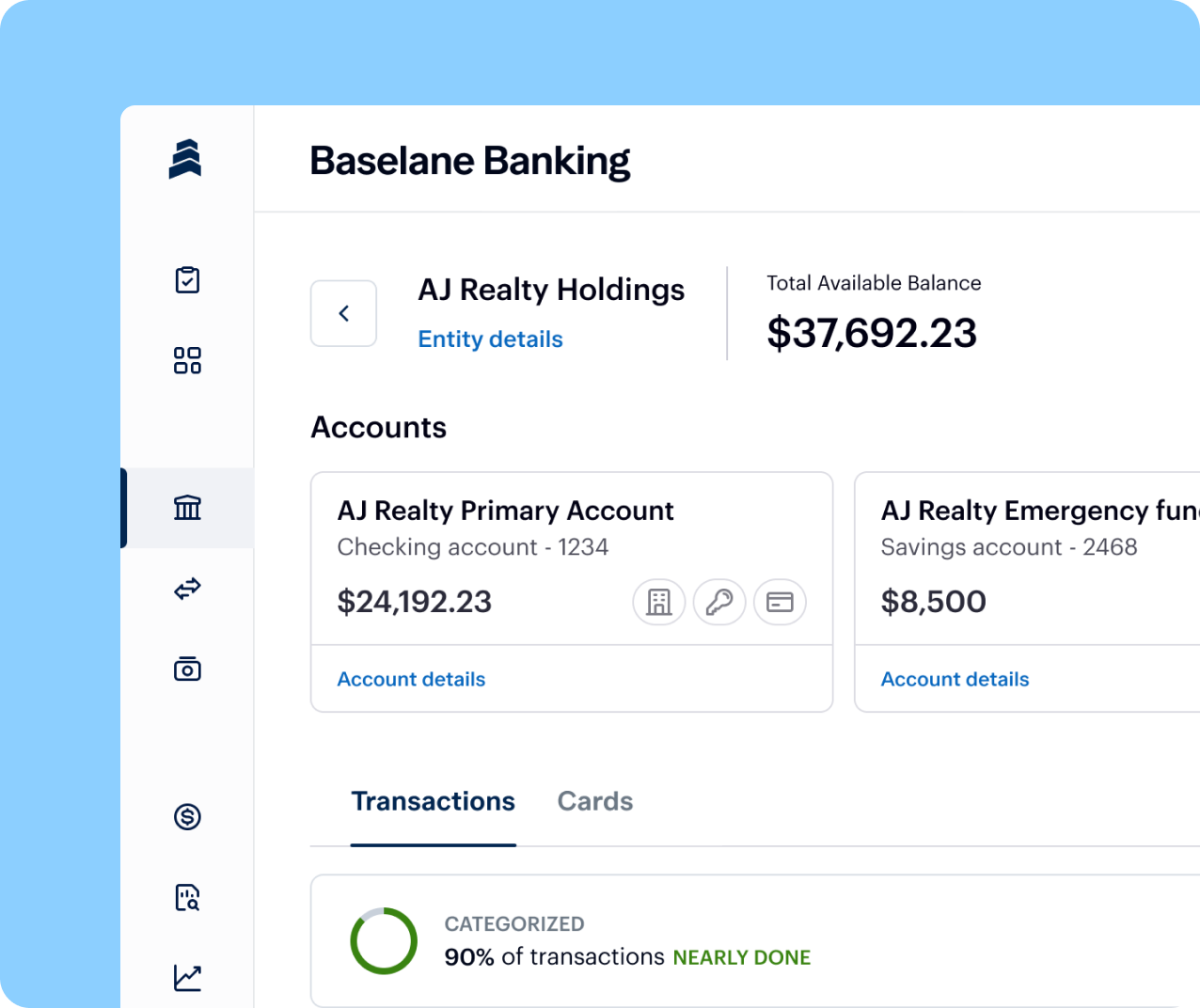 Screenshot of a banking app interface from "Baselane Banking" with "AJ Realty Holdings" showing a total available balance of $37,692.23. It lists a checking account balance of $24,192.23 and an emergency fund balance of $8,500. The transactions tab indicates 90% categorized.