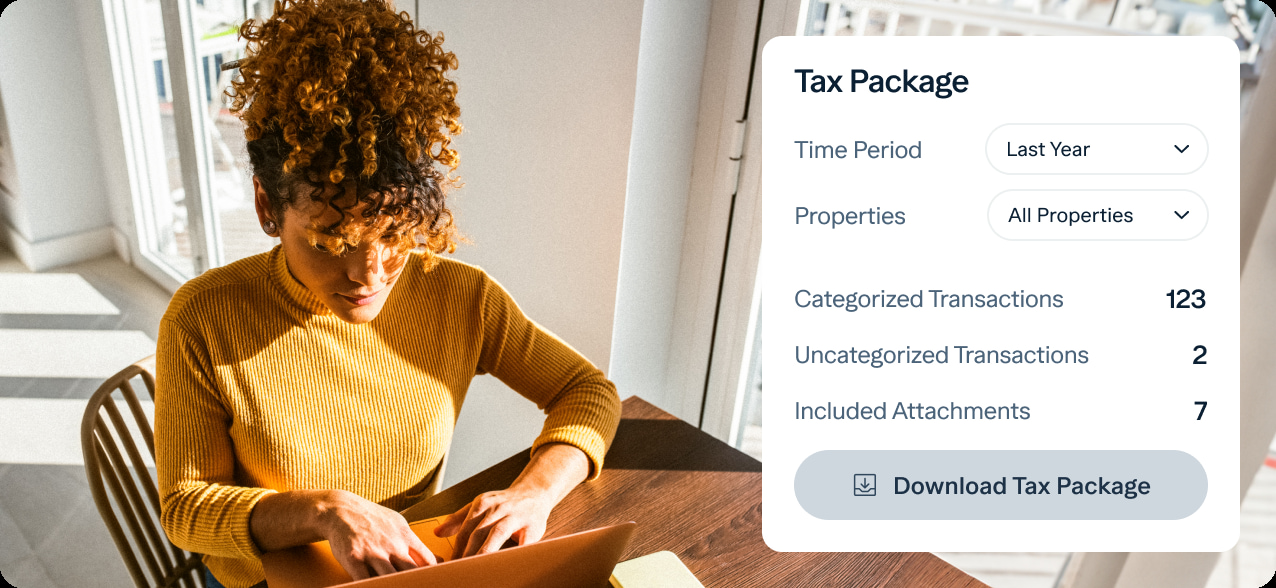 A person with curly hair sits at a table working on a laptop. To the right, a panel displays information about a tax package. It lists time period as "Last Year," properties as "All Properties," with details on categorized and uncategorized transactions and attachments. There is a button labeled "Download Tax Package.