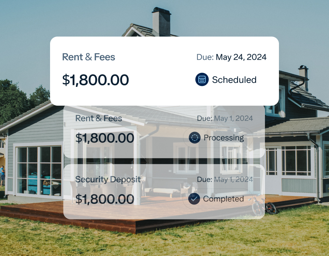 A modern home with a wooden deck in the background. In the foreground, there are overlay texts listing "Rent & Fees" and "Security Deposit" costs, all $1,800.00 each, with due dates of May 1 and May 24, 2024, and statuses of "Scheduled," "Processing," and "Completed.