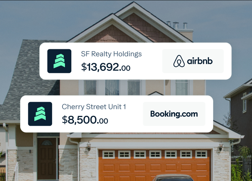 A two-story house with a gray roof and orange garage door. Overlaid text shows two real estate listings: one from SF Realty Holdings via Airbnb for $13,692, and another from Cherry Street Unit 1 via Booking.com for $8,500.