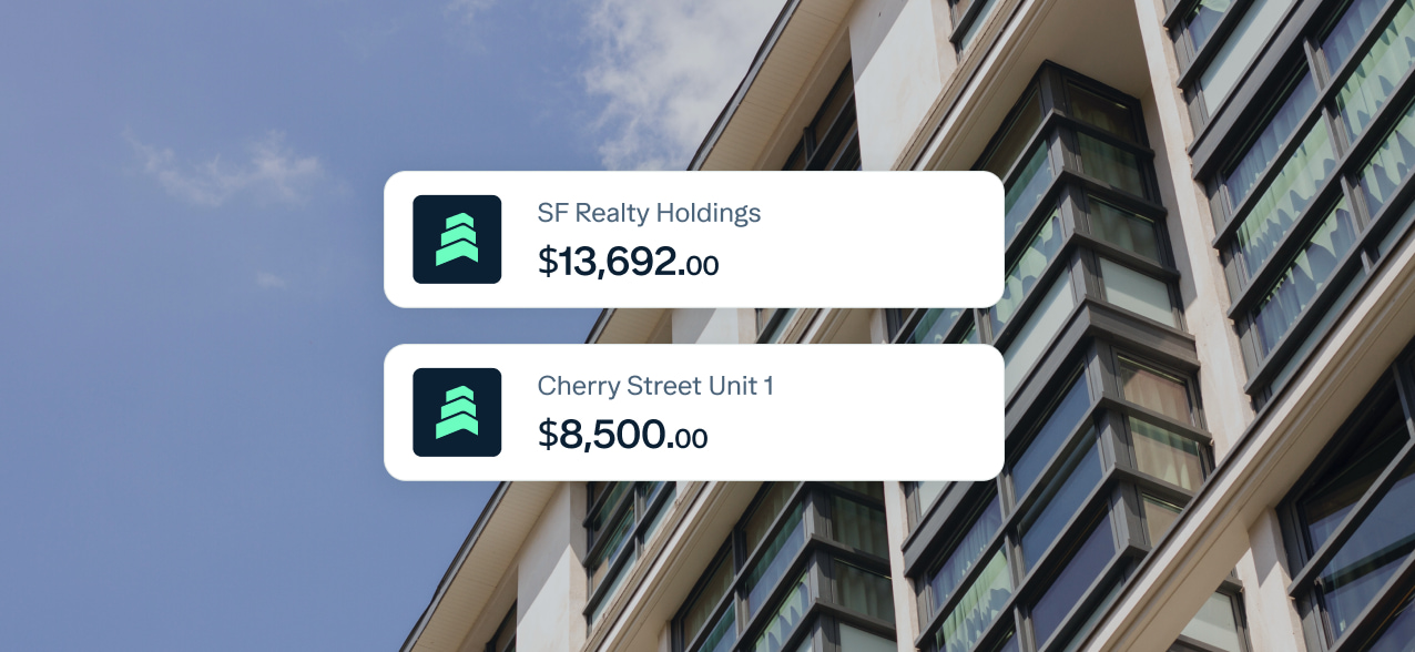 A modern building with large windows is shown in the background. Overlaid on the image are two text boxes with icons: one says "SF Realty Holdings $13,692.00" and the other says "Cherry Street Unit 1 $8,500.00.