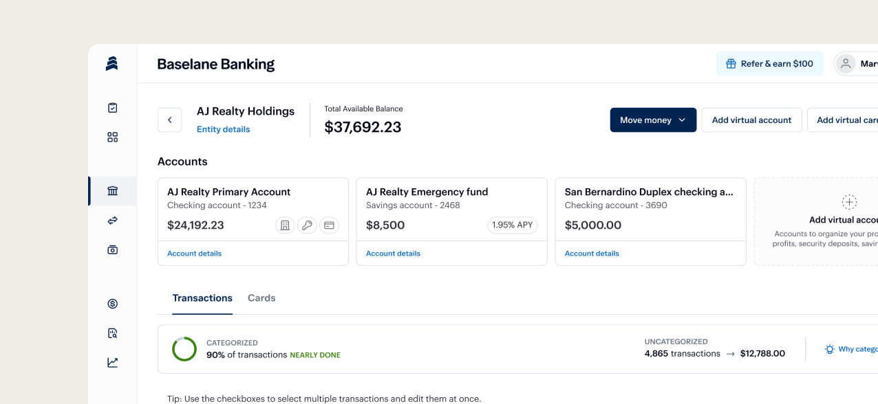 A digital banking dashboard for Baselane Banking is displayed. Three accounts are shown: primary account ($24,192.23), emergency fund savings account ($8,500), and checking account ($987.00). The total available balance is $37,692.23. Transaction details are partly visible.