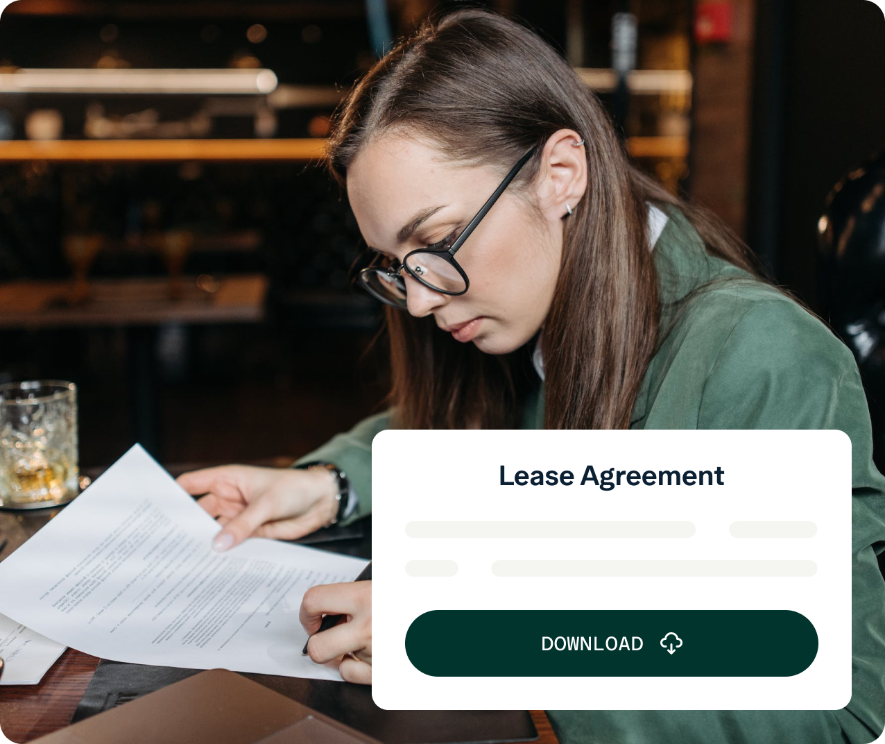 A woman in a green blazer and glasses sits at a desk, reading and reviewing a lease agreement document. On the right side of the image, there is a graphic overlay with a "Lease Agreement" heading and a green "Download" button.