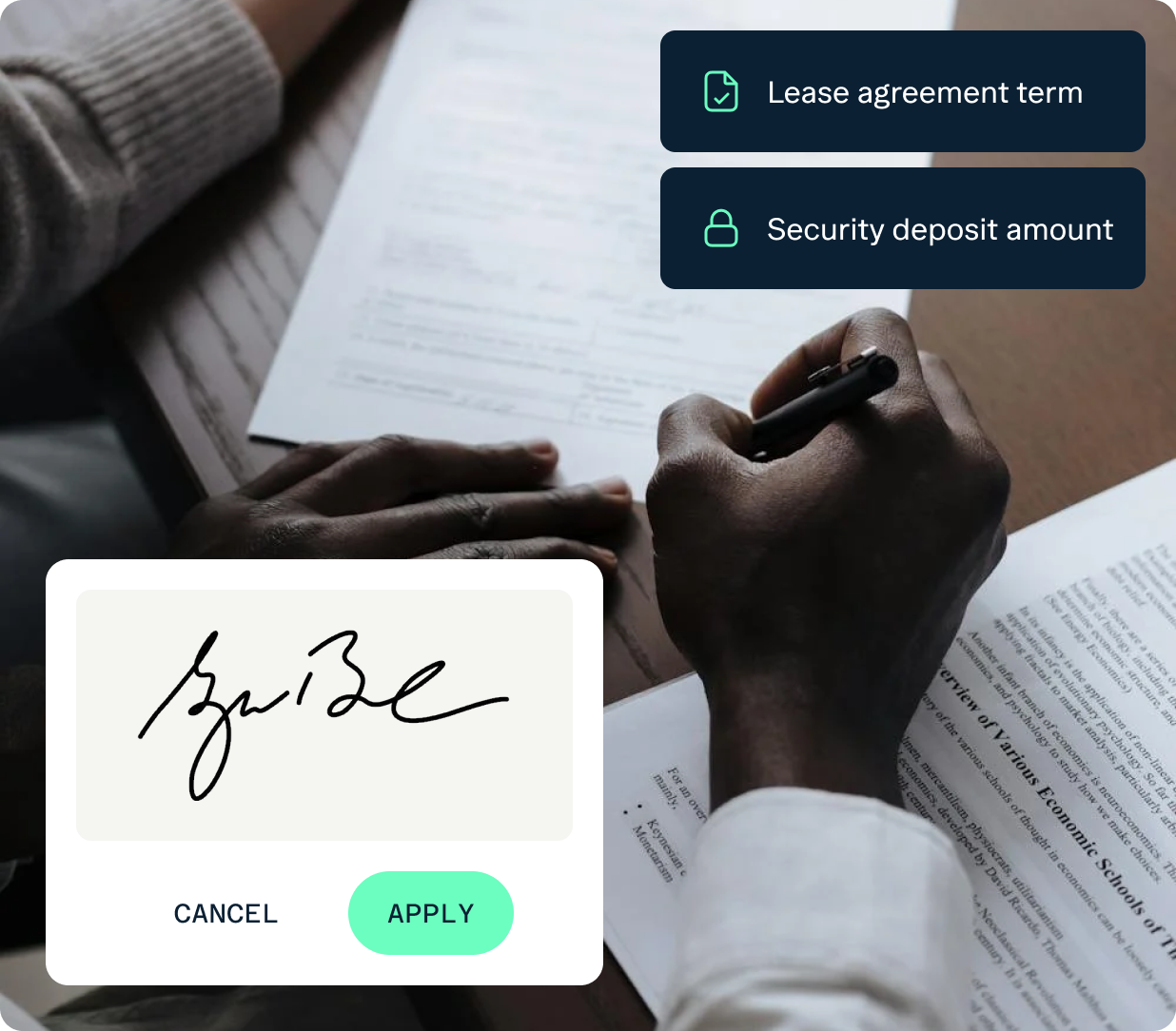 A close-up of two hands; one is holding a pen and signing a document. Overlay text shows options for "Lease agreement term" and "Security deposit amount," as well as buttons labeled "Cancel" and "Apply" below a digital signature.