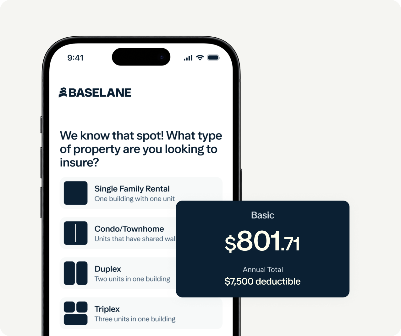 A smartphone screen displays an insurance app by Baseline. The app asks the user to select a property type to insure, with options for Single Family Rental, Condo/Townhome, Duplex, and Triplex. A pop-up shows a Basic plan costing $801.71 annually with a $7,500 deductible.