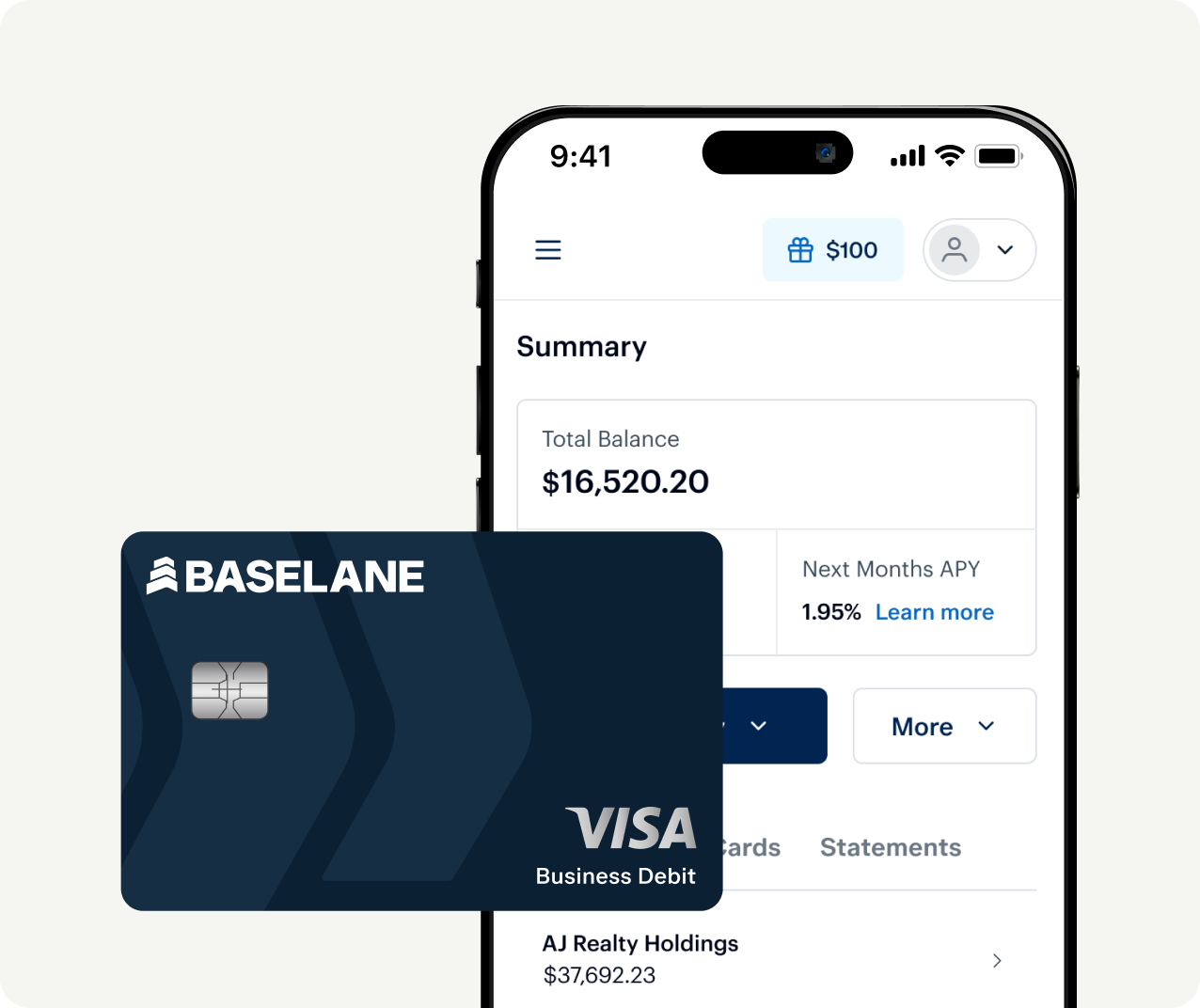 A Basellane business debit card is displayed next to a smartphone screen showing a banking app. The app's summary section highlights a total balance of $16,520.20 and mentions the next month's APY rate of 1.95%. The screen also features account details.