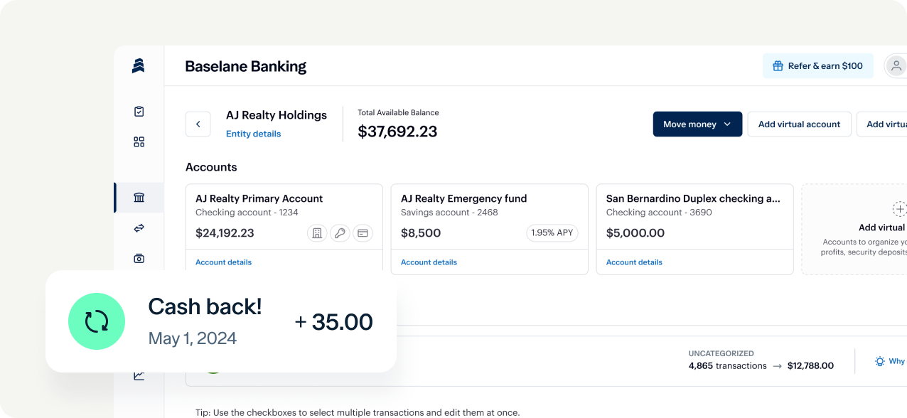 A screenshot of an online banking interface for Baselane Banking. It shows total available balance and various accounts with linked balances. A pop-up message in the lower-left corner indicates a cashback of $35.00 on May 1, 2024.