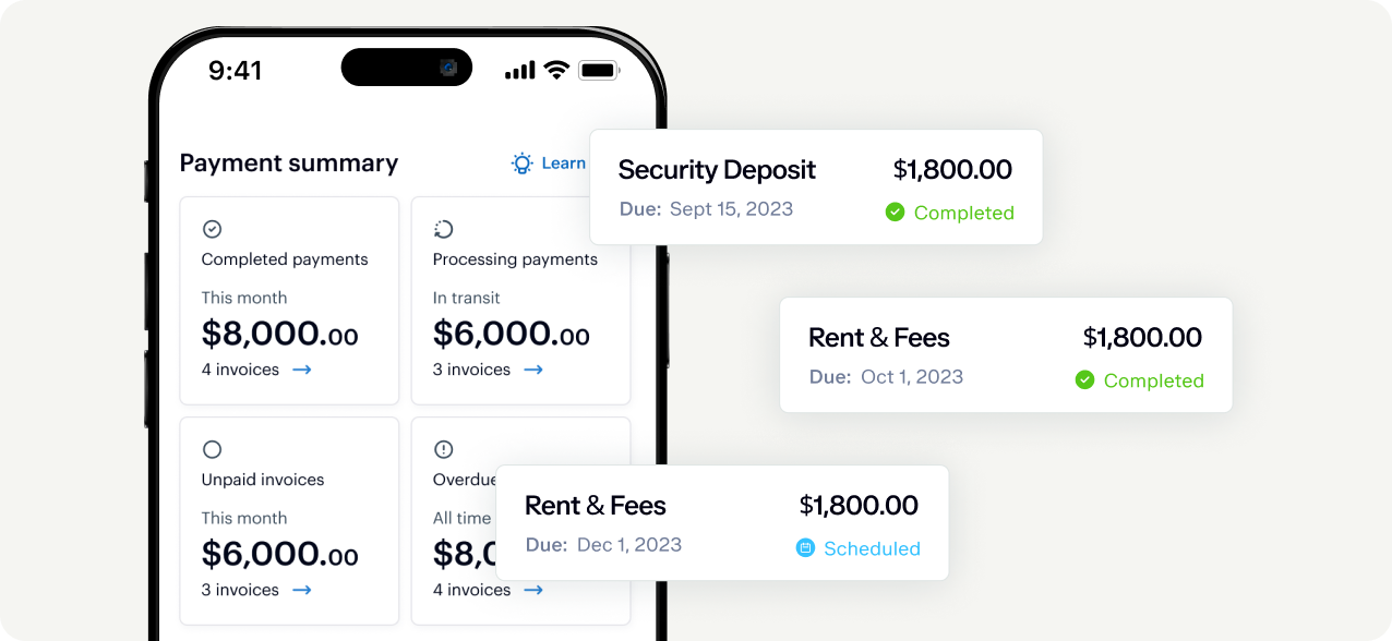 A smartphone screen displaying a payment summary. The summary shows completed payments and processing payments each amounting to $8,000, and unpaid and overdue invoices each amounting to $6,000 and $8,000, respectively. Nearby, there are details of payments for Security Deposit, Rent & Fees marked with various statuses such as completed and scheduled, each showing $1,800.00.