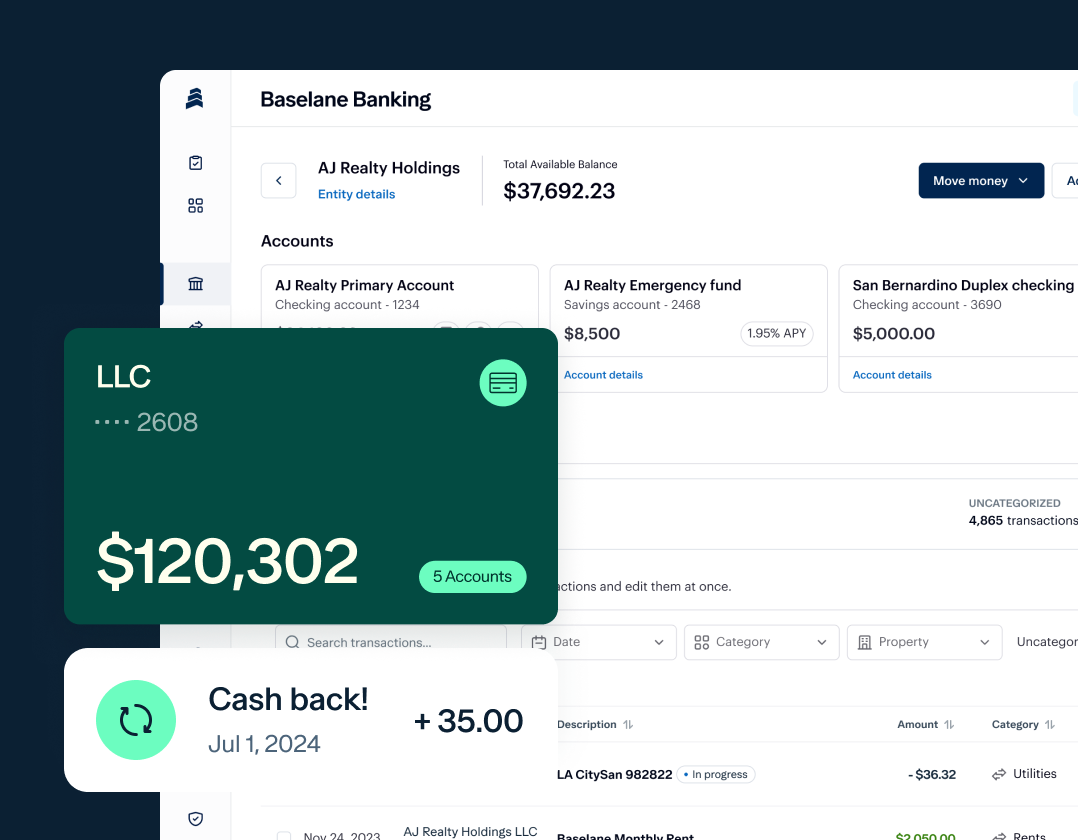 A digital banking dashboard for "Baselane Banking" is shown. It displays various account summaries and a total available balance of $37,692.23. A highlighted account shows a balance of $120,302. A notification indicates a cash back reward of $35.00 on July 1, 2024.