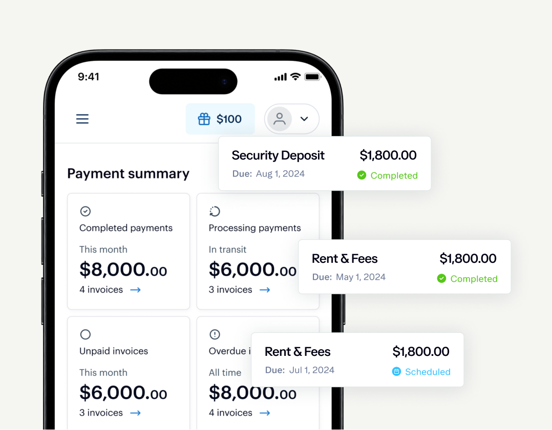 A mobile phone screen displays a payment summary app with completed, processing, and unpaid invoices. Completed payments total $8,000.00, processing payments total $6,000.00, and unpaid invoices total $3,600.00. Payment breakdowns include Security Deposit and Rent & Fees.