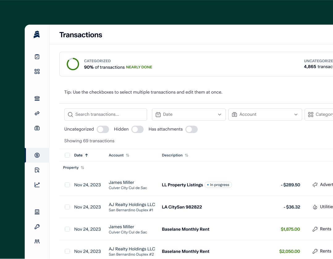 A dashboard displaying financial transaction details. The screen shows a section titled "Transactions" with filters for searching. It lists various entries with dates, descriptions, amounts, and tags. A sidebar with icons for different sections is visible on the left.