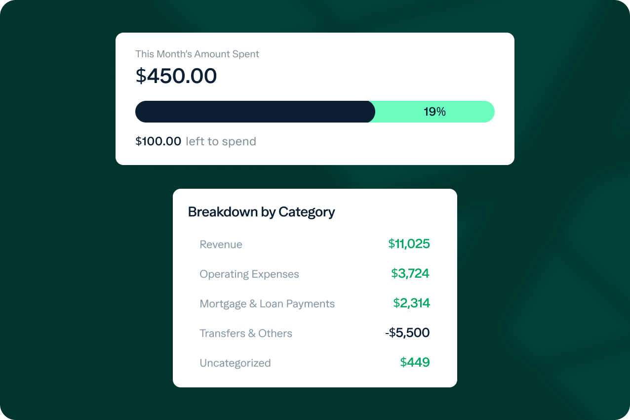 An image of a financial dashboard showing spending and budget information. The top section displays "$450.00" spent this month with a progress bar indicating 19% spending and "$100.00 left to spend." The bottom section breaks down categories like revenue, expenses, and payments.