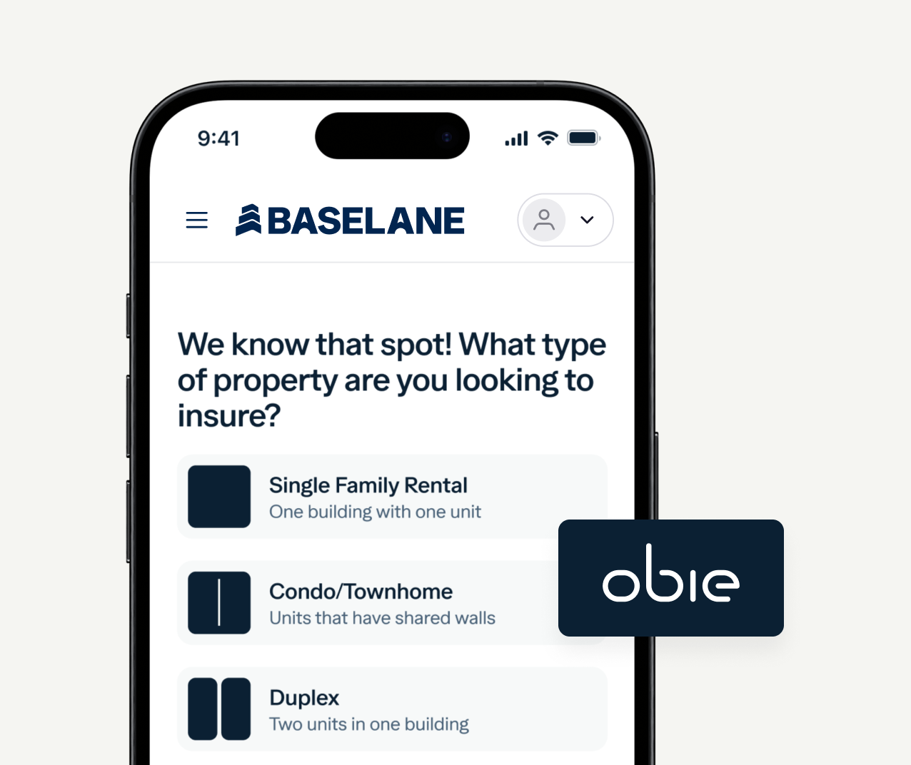 A smartphone screen displaying a property insurance app by Baseline with options: Single Family Rental, Condo/Townhome, and Duplex. There is an obie logo to the right of the phone. The time shown on the phone is 9:41.