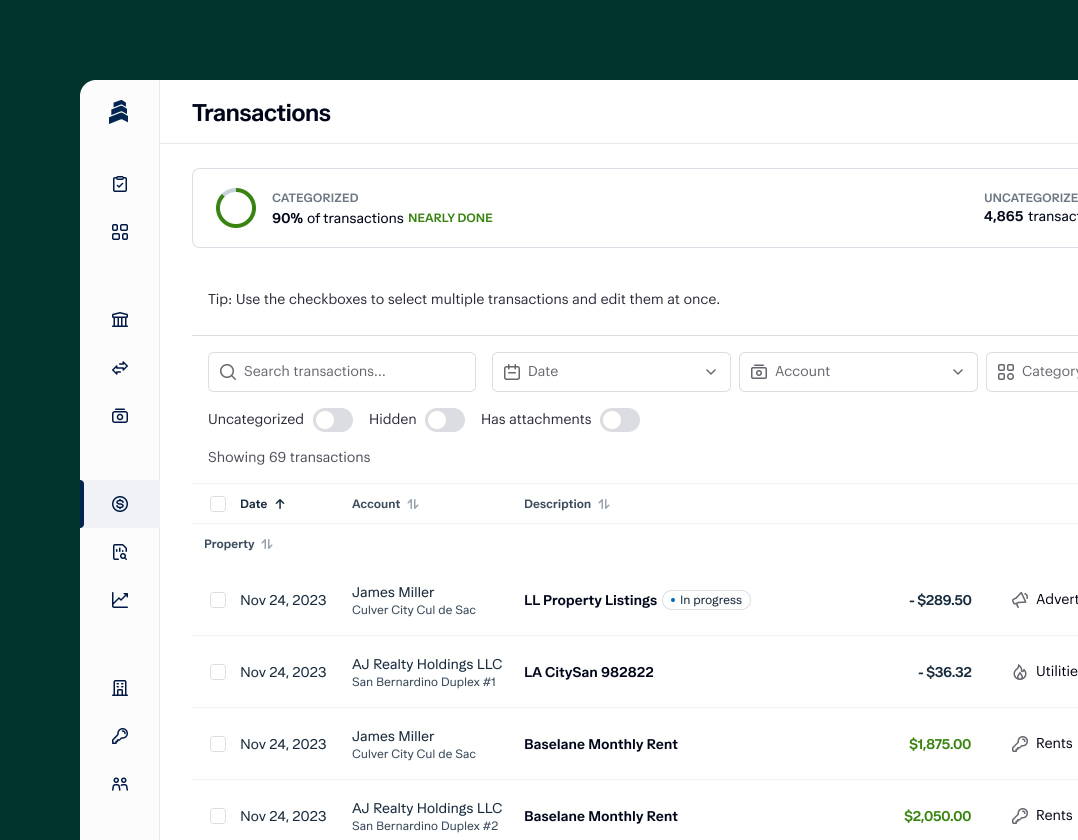 A screenshot of a transactions page on a financial management platform. The screen shows a progress bar indicating 90% of transactions are categorized. Below are transaction details, including dates, descriptions, amounts, and property names with options to filter.