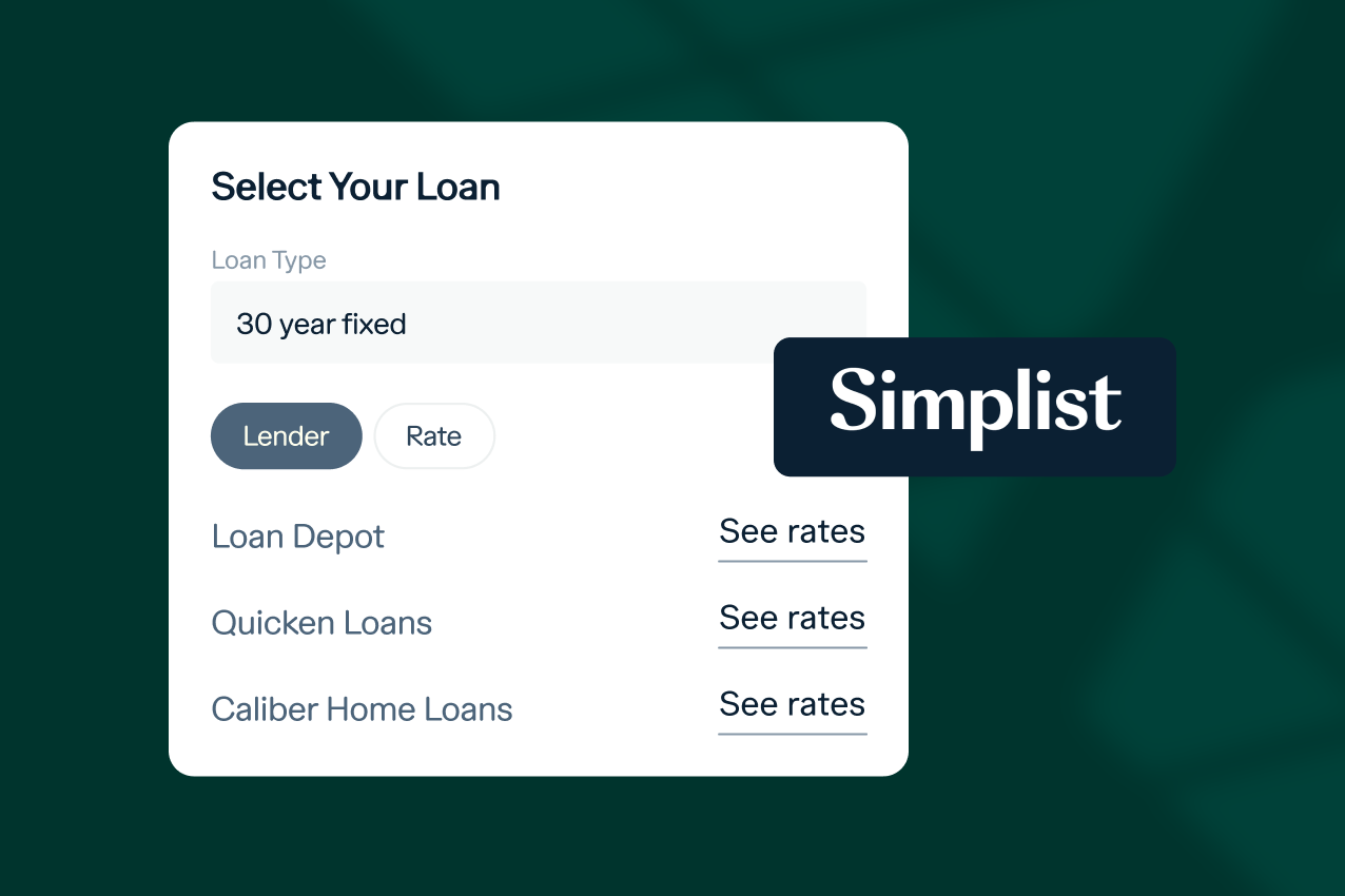 An interface for selecting a 30-year fixed loan type. Options include Lender and Rate. Listed lenders are Loan Depot, Quicken Loans, and Caliber Home Loans, each with a "See rates" link. The "Simplist" logo is prominently displayed.