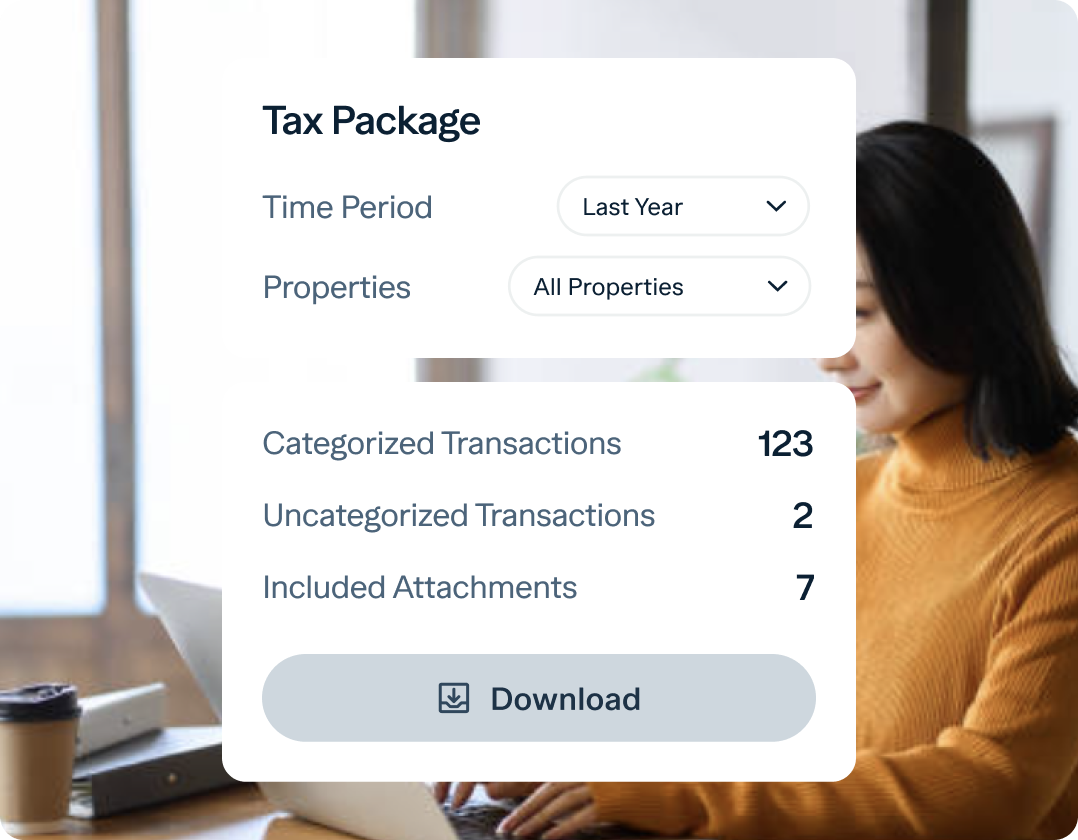 A woman in a mustard sweater is working on a laptop. Next to her is a summary box titled "Tax Package" showing "Time Period: Last Year", "Properties: All Properties", and counts of transactions and attachments. A "Download" button is at the bottom of the summary box.