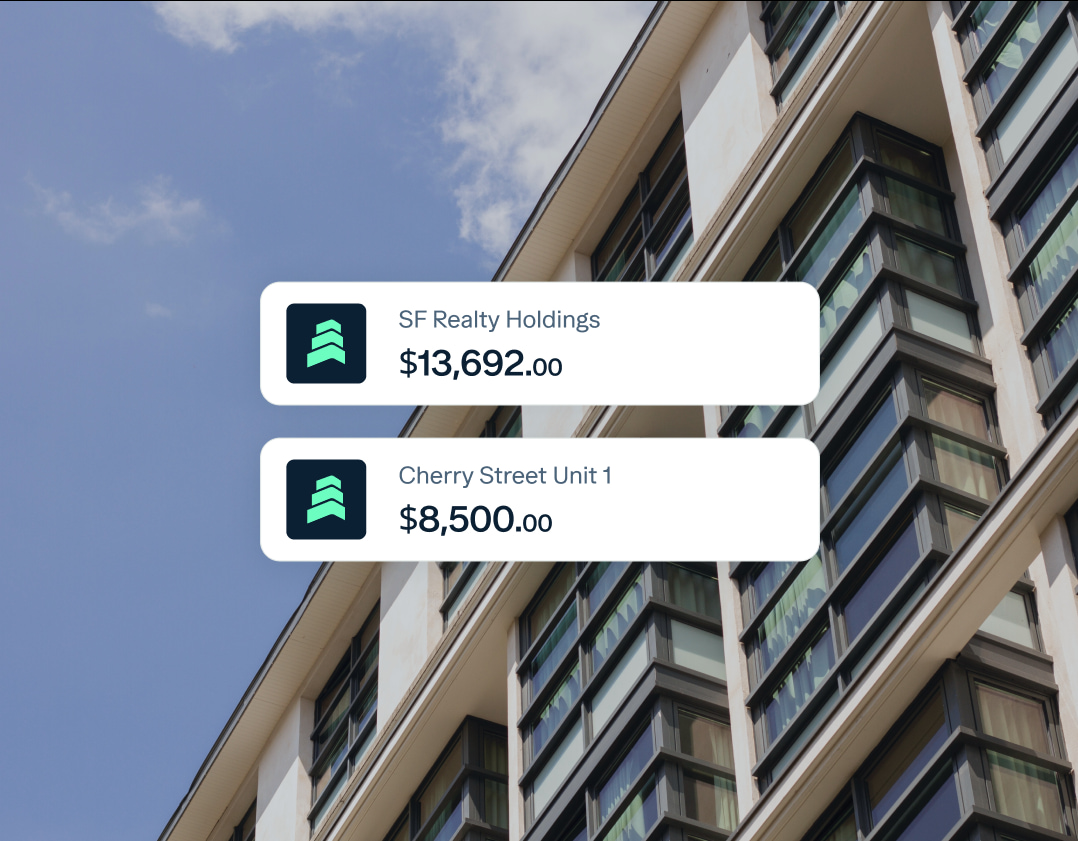 A modern, multi-story building with numerous glass windows is set against a clear blue sky. Overlaid on the image are two text boxes: one reads "SF Realty Holdings $13,692.00" and the other reads "Cherry Street Unit 1 $8,500.00".