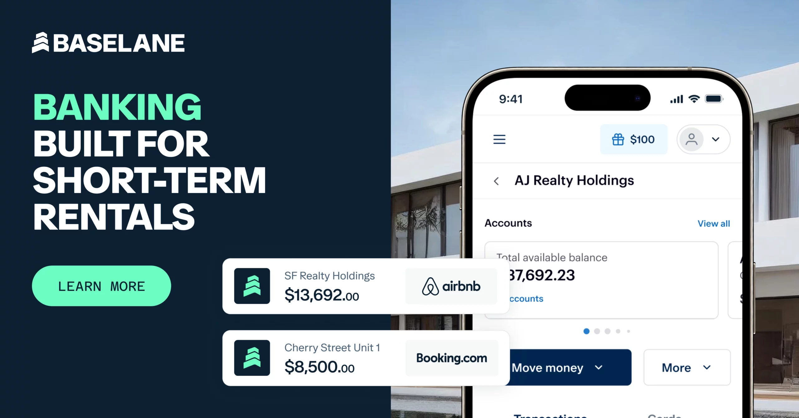 A smartphone screen displays a banking app interface with a total available balance of $7,692.23. Nearby are transaction icons for Airbnb and Booking.com. Text on the left reads, "Baseline: Banking Built for Short-Term Rentals.