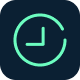 A simple digital clock icon on a dark blue background, featuring a light green outline of a circle, with an analog-style clock face showing the time at approximately 10:10.