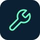 A neon green wrench icon is centered on a dark blue square background.