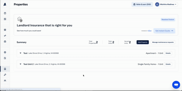 A screenshot of an insurance dashboard showing a "Landlord Insurance" prompt with options to get a quote. Below, there's a summary listing two properties, including their addresses, types, and unit details, with options for more details and managing requests.