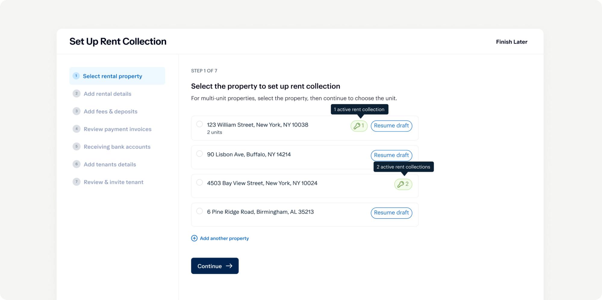 Screenshot of a webpage titled "Set Up Rent Collection." It lists multiple properties with options to select units, resume drafts, or transfer collections. A "Continue" button is at the bottom, and a "Finish Later" option is on the top right.