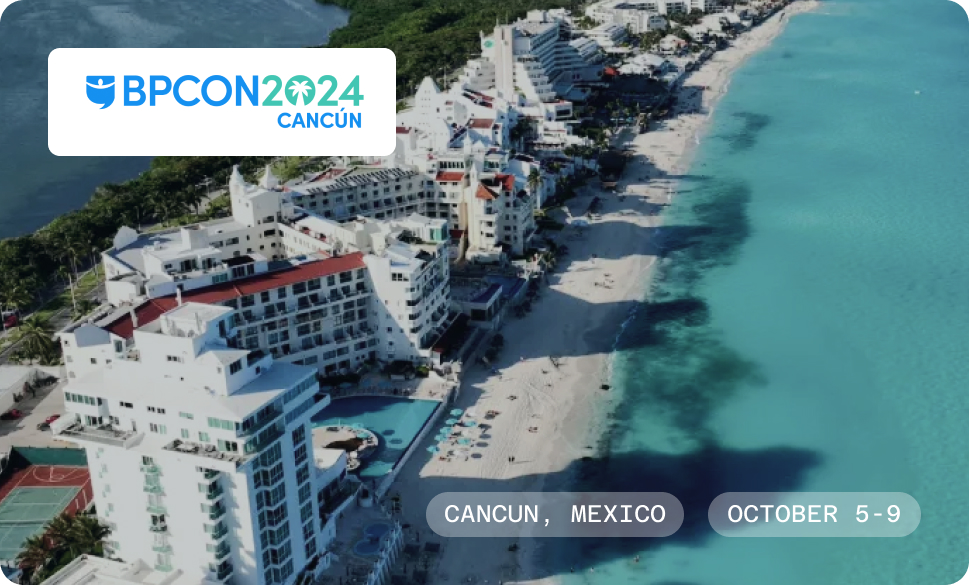 Aerial view of a beachfront resort in Cancún, Mexico, with white buildings and sandy beaches along the turquoise ocean. Overlay text reads "BPCON2024 Cancún, Mexico October 5-9.