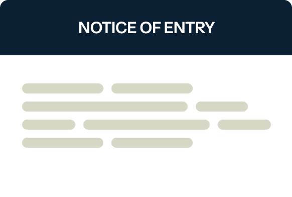 A notice of entry document with a dark blue header. The body contains several lines of gray placeholder text.